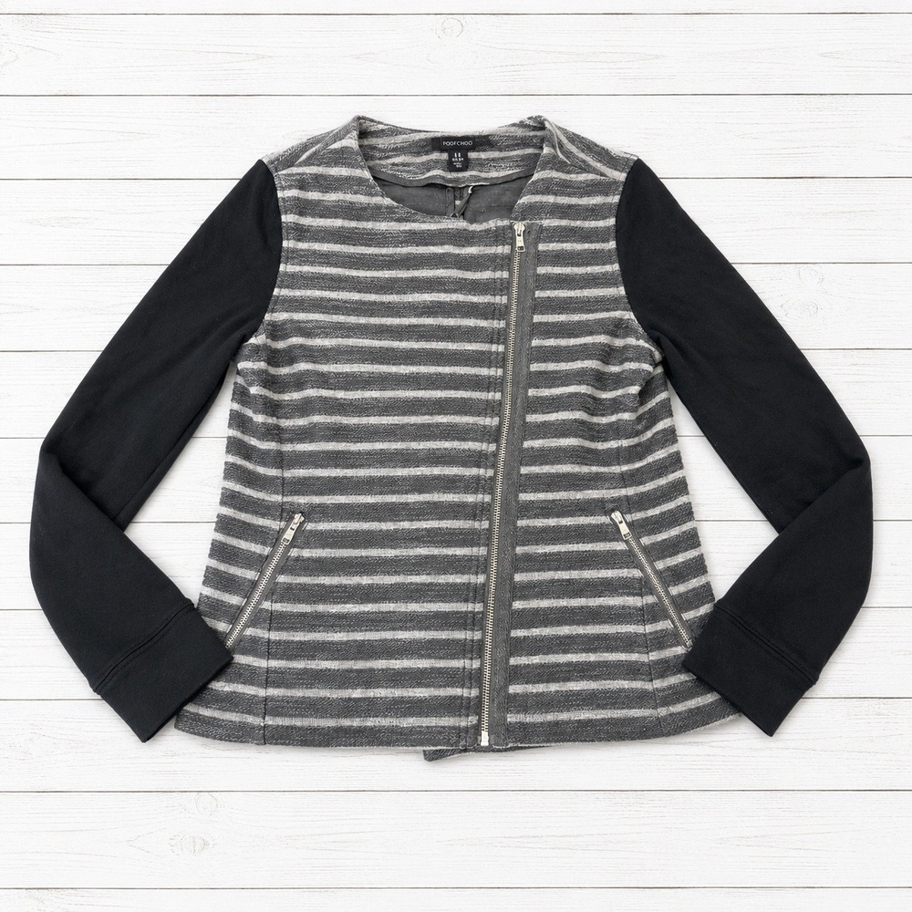 Paraphrase Womens Small‎ Asymmetrical Moto Jacket Gray Striped Knit Full Zip S